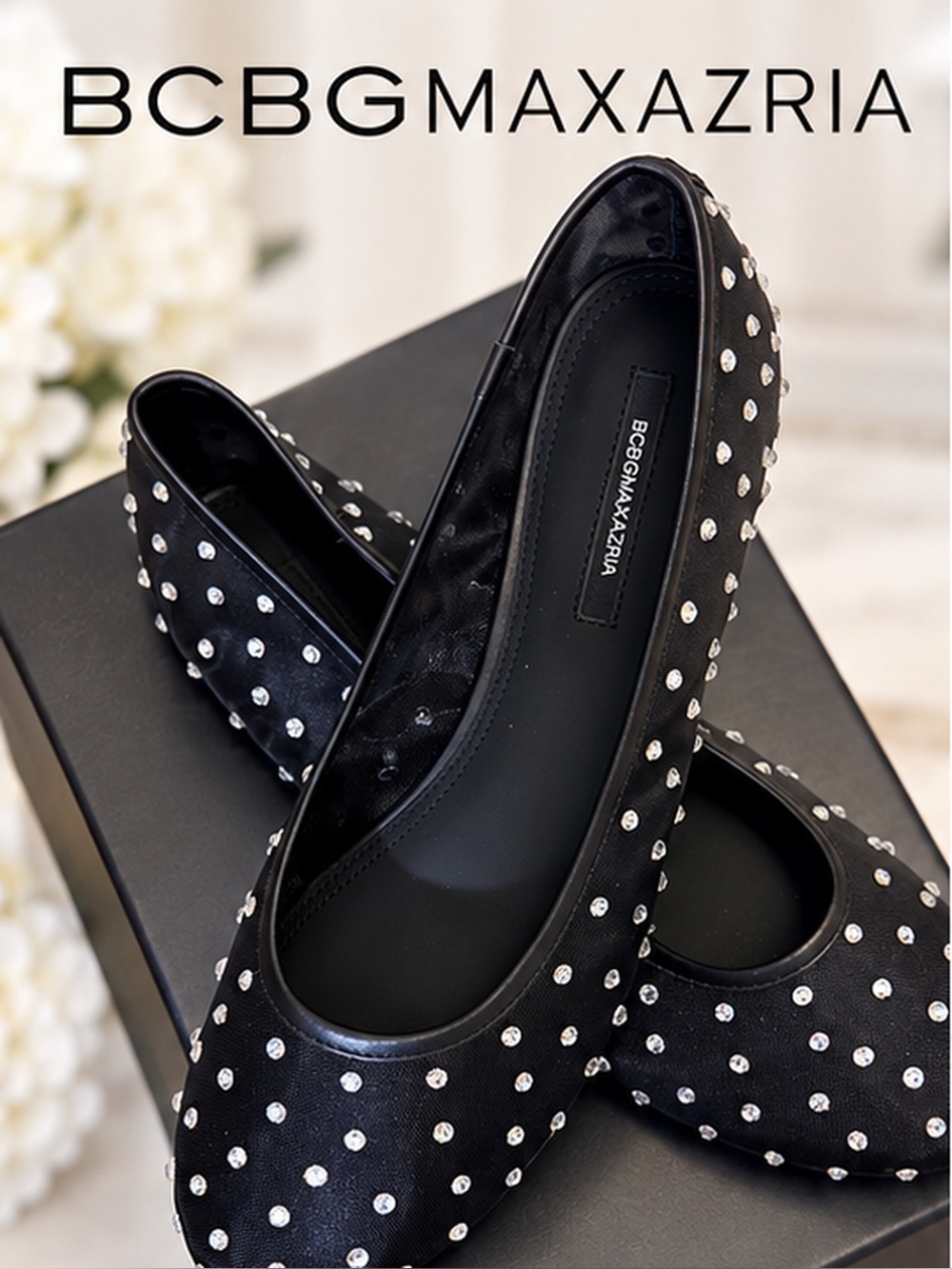 BCBGMAXAZRIA Black Daven Rhinestone Mesh Ballet Flats Size 9 NIB